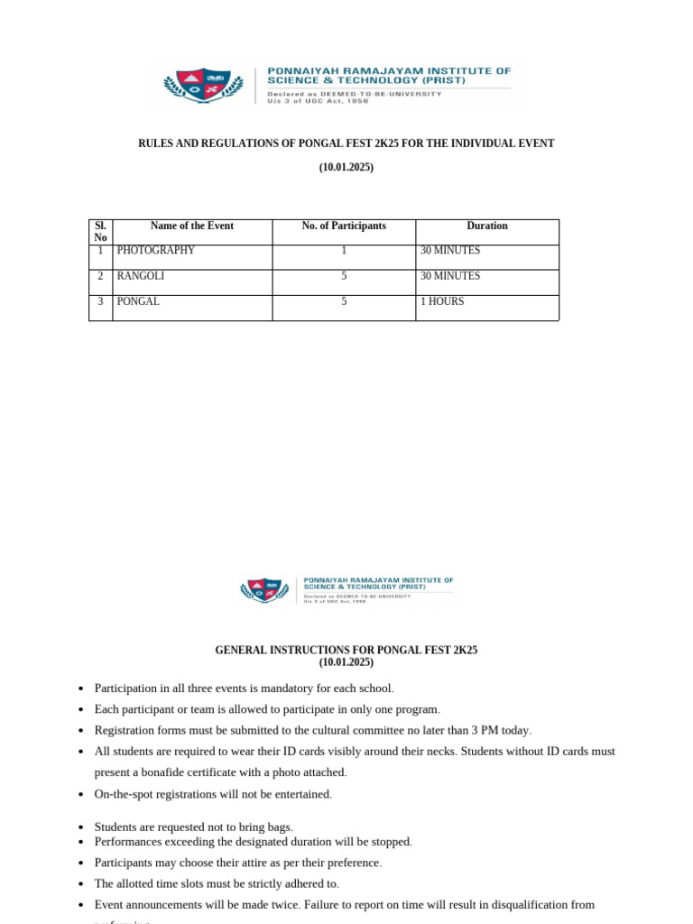 Pongal Fest 2K25 Event Rules & Guidelines | PDF