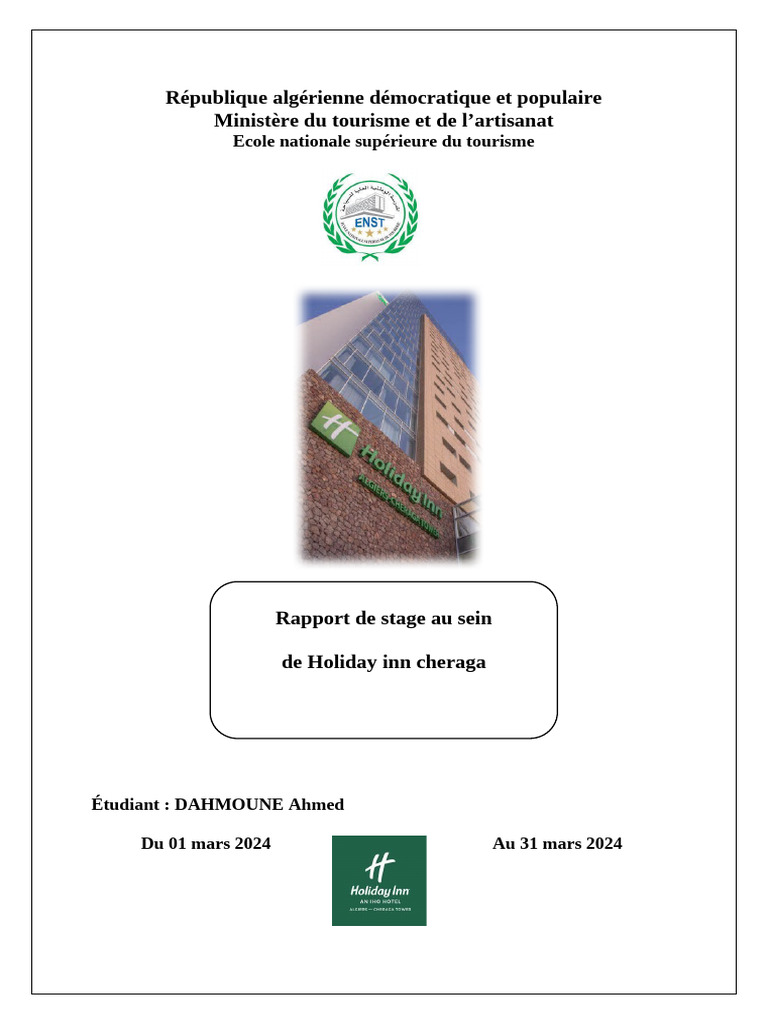 Rapport de stage à Holiday Inn Cheraga | PDF | Hôtel | Hôtellerie