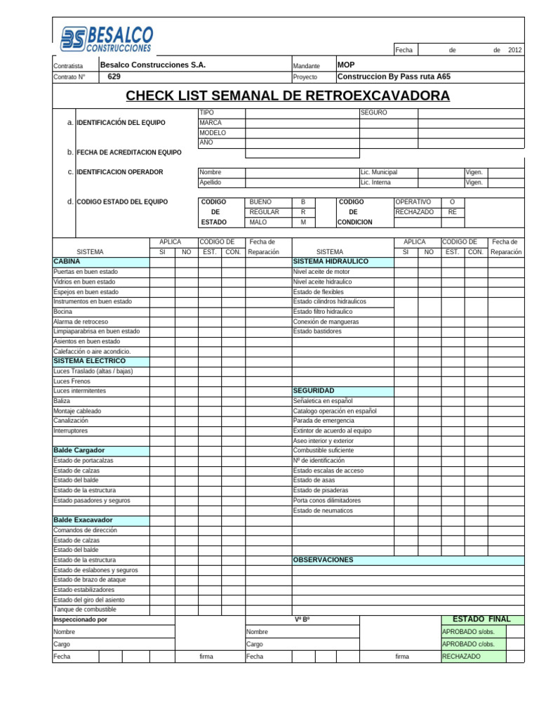 Check List Retroexcavadora | PDF | Vehículos terrestres | Tecnología de ...