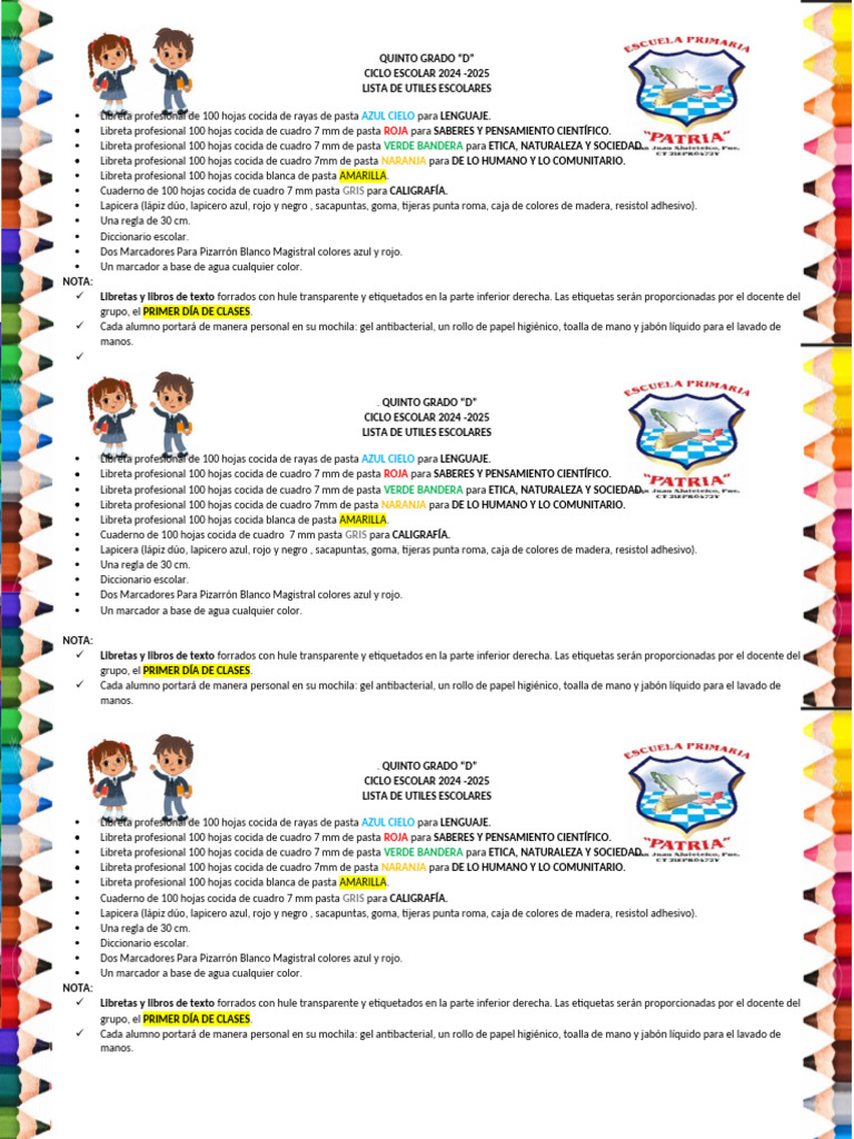 Lista de Útiles Escolares - Quinto Grado - 2024 - 2025 | PDF | Lápiz ...