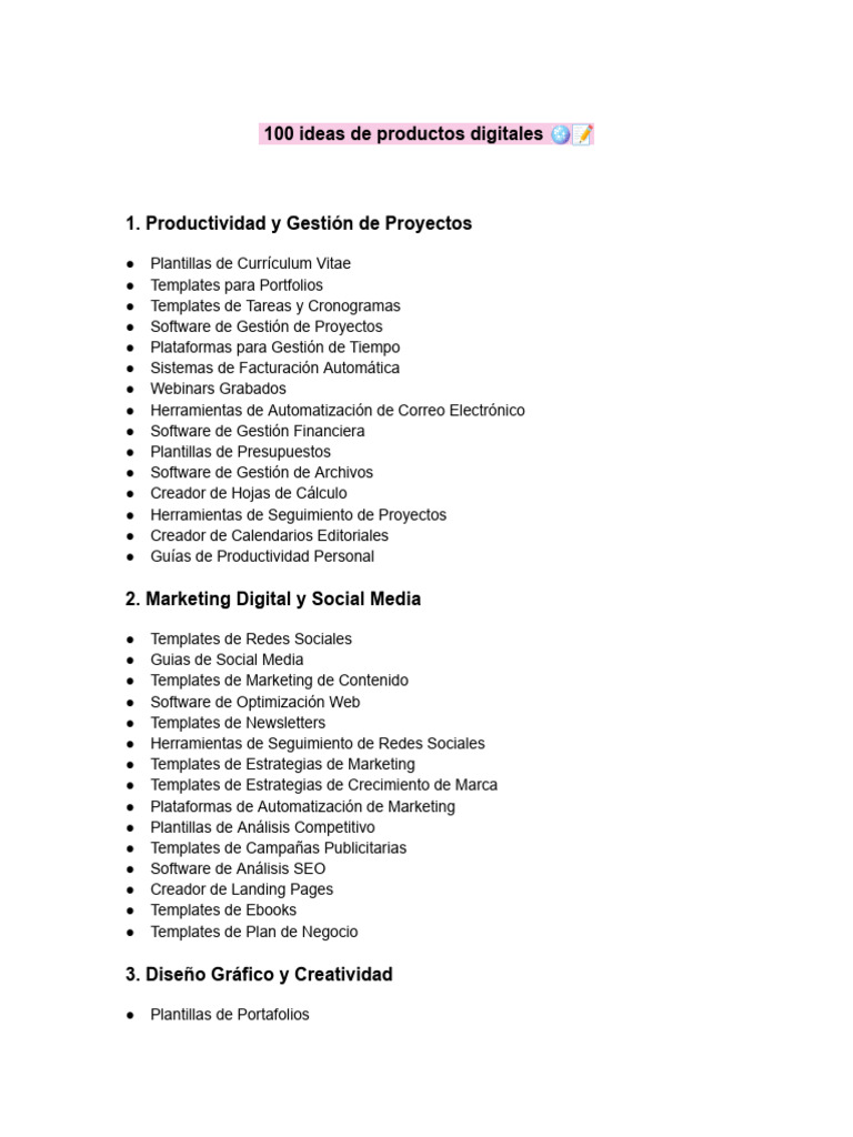 100 ideas de productos digitales pdf publicidad digital software