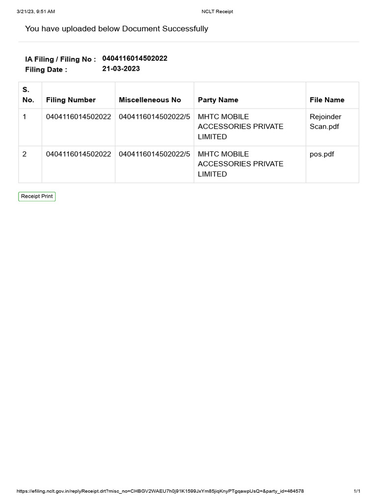 NCLT Filing Receipt for MHTC Mobile Accessories | PDF