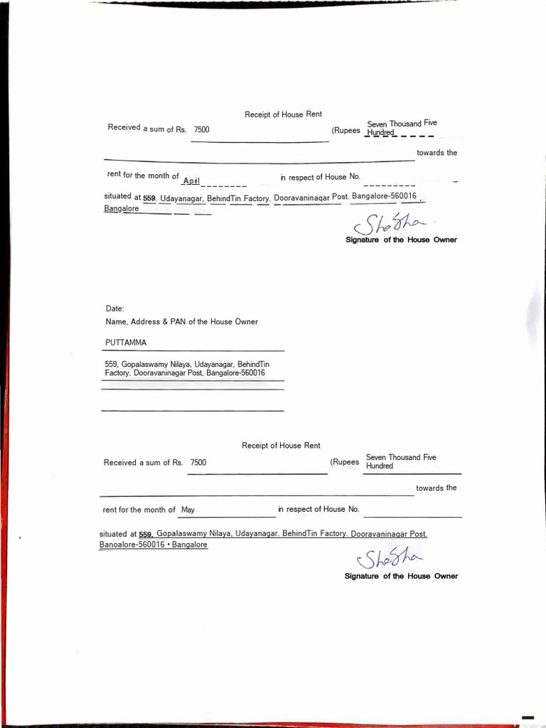 Received A Sum of 7500: Bangalore-560016, Bangalore | PDF
