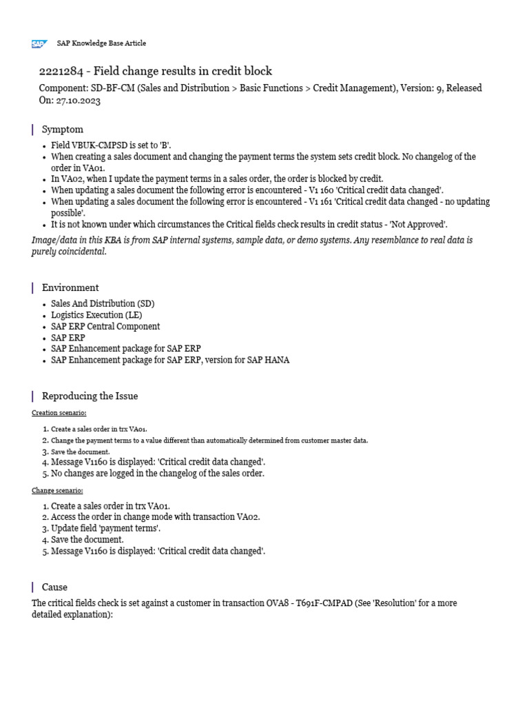 Credit Block Issue in SAP Sales Orders | PDF | Information Technology ...
