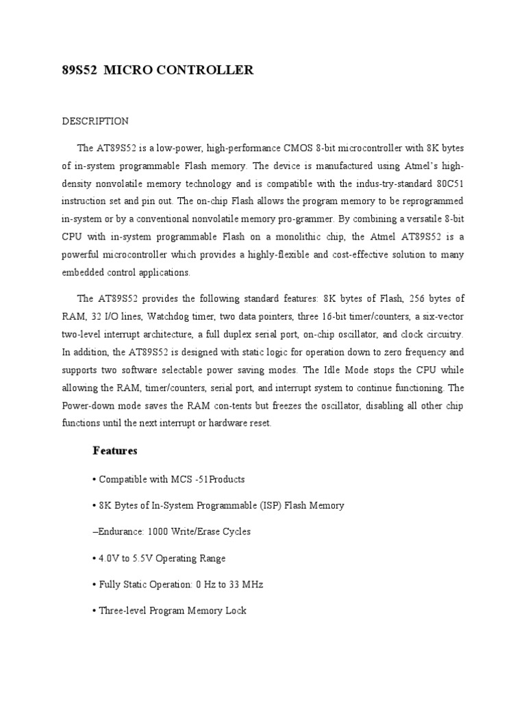 AT89S52 Microcontroller Overview | PDF | Microcontroller | Flash Memory