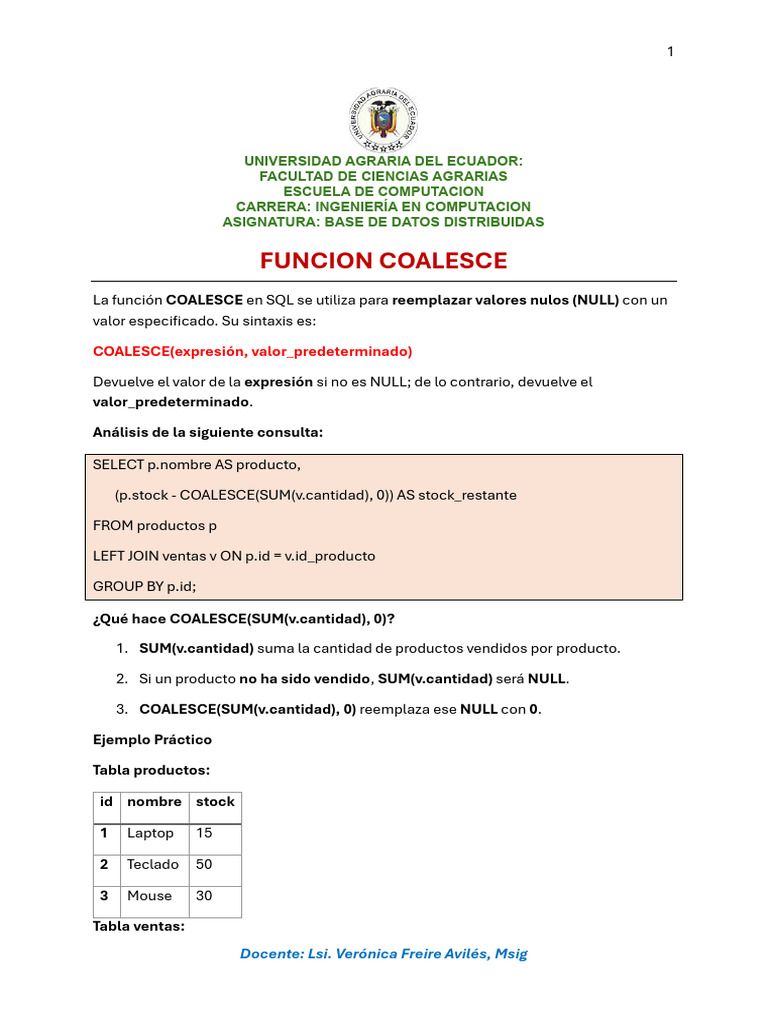 Uso de COALESCE en SQL para NULL | PDF
