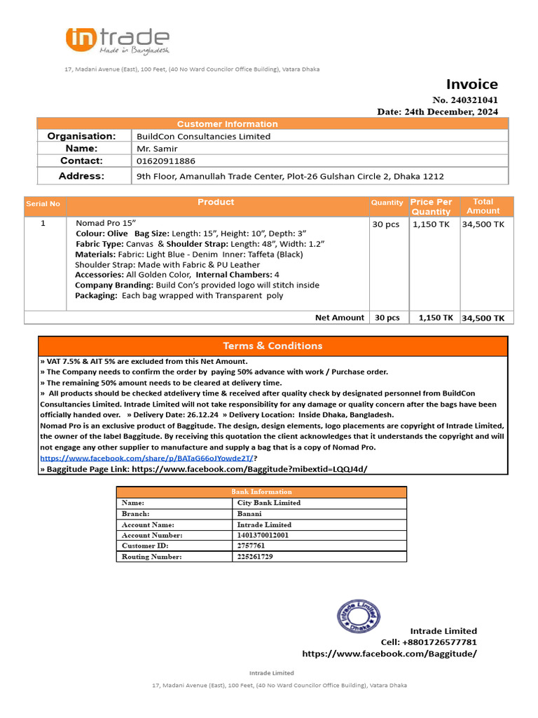 Invoice for Nomad Pro Bags Order | PDF