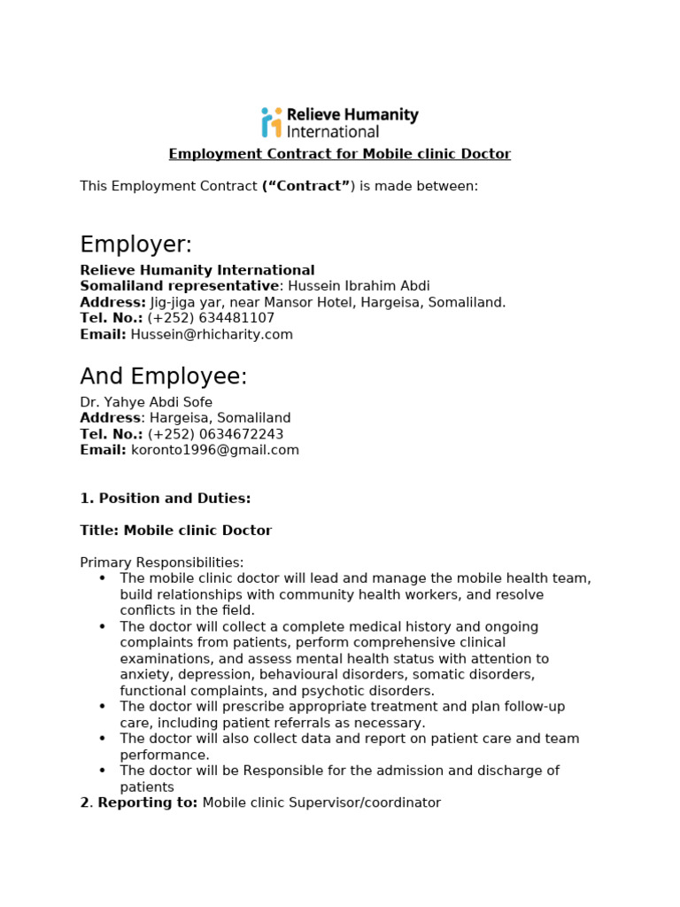 Mobile Clinic Doctor Employment Contract | PDF | Employment | Physician