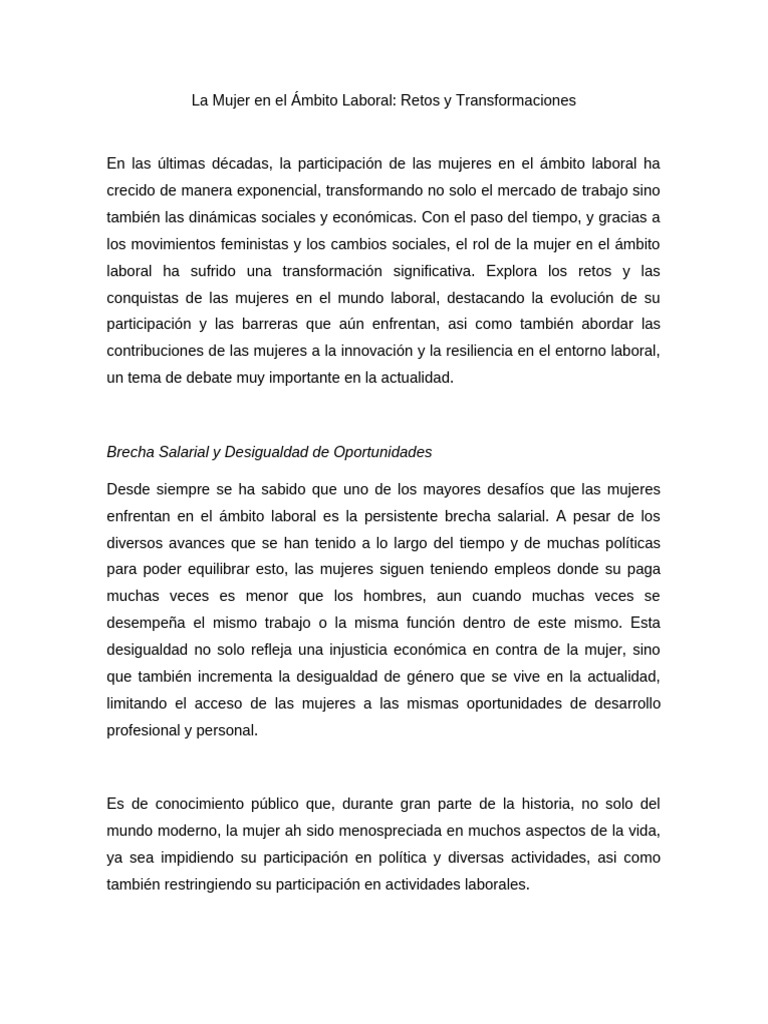 La Mujer en El Ámbito Laboral | PDF | Estudios de género | Igualdad de ...