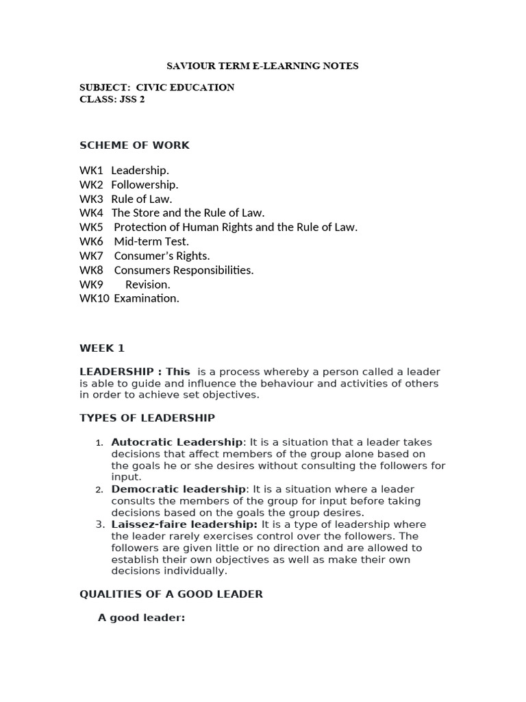 Jss 2 Civic Saviour Term E-Note | PDF | Rule Of Law | Human Rights
