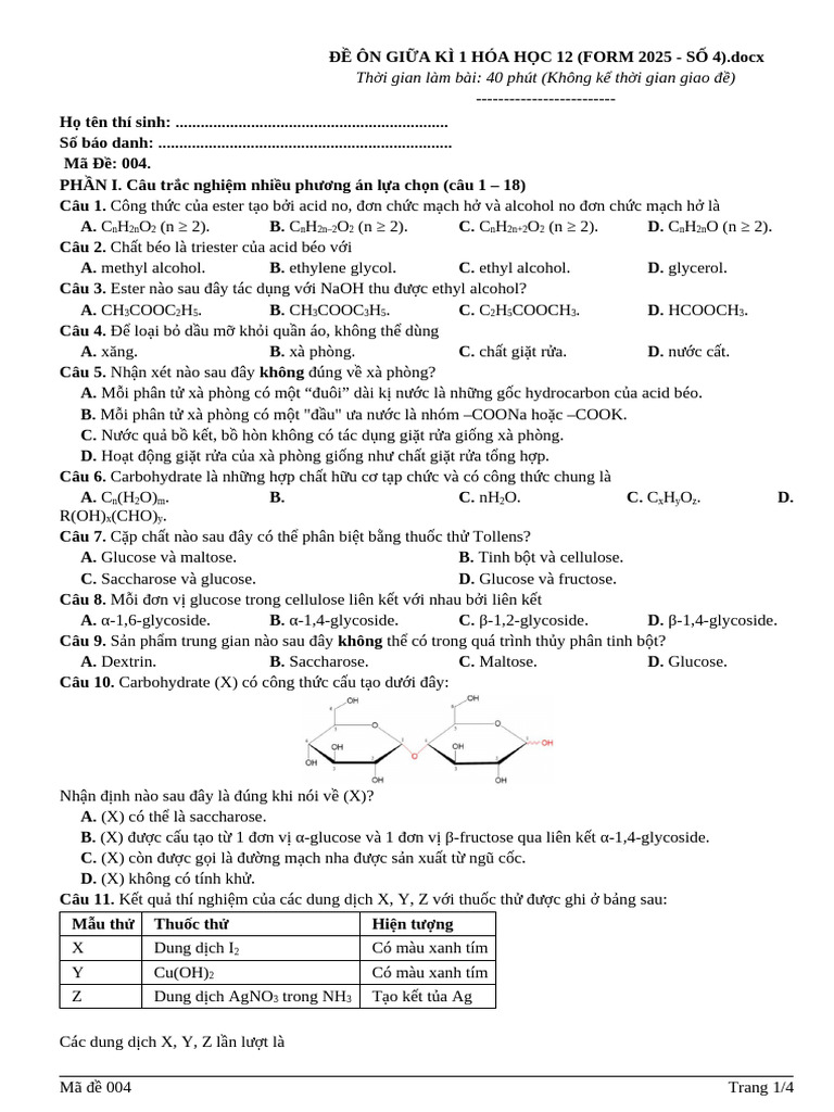 De So 4 Hoa 12 | PDF
