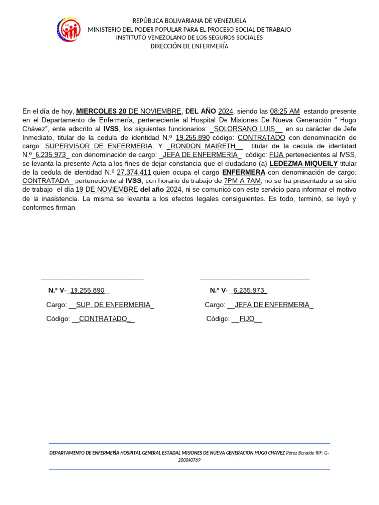 Acta de Inasistencia Injustificada | PDF | Venezuela | Hugo Chavez