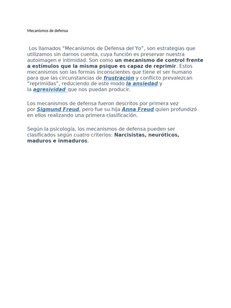 Mecanismos de Defensa del Yo en Psicología | PDF