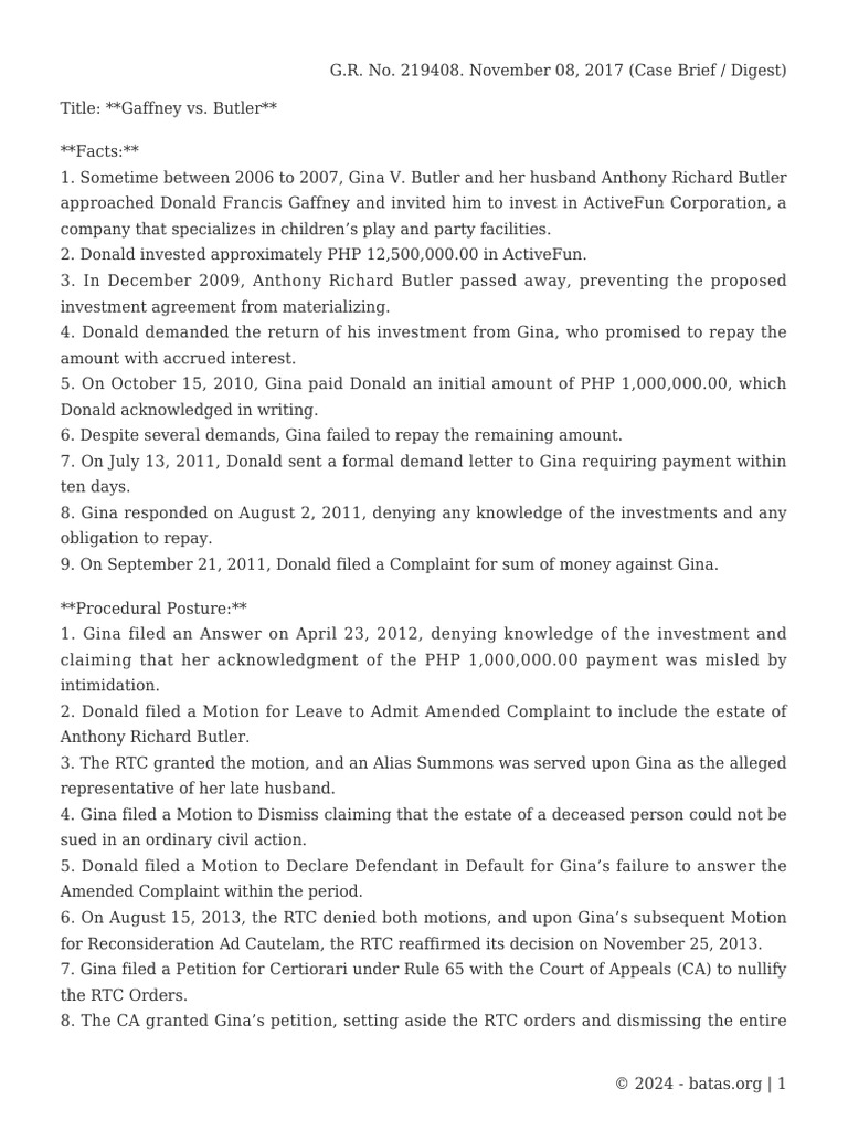 Gaffney vs. Butler Case Summary | PDF | Lawsuit | Complaint