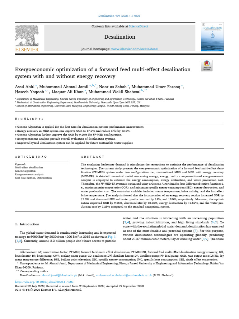 Exergoeconomic Optimization of FF-MED Desalination | PDF | Heat ...