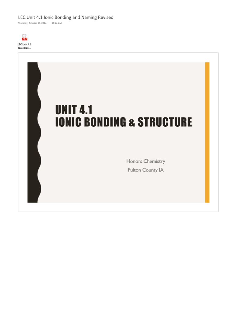 LEC Unit 4.1 Ionic Bonding and Naming Revised | PDF