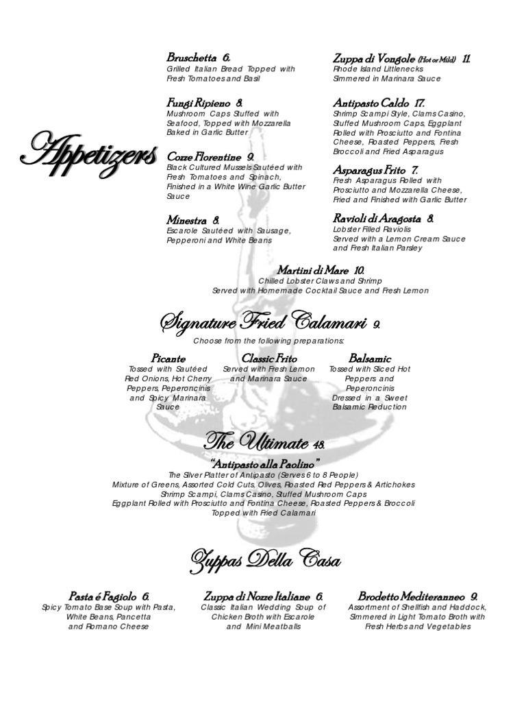 A La Carte Dinner Menu PDF Tomato Sauce Italian Cuisine