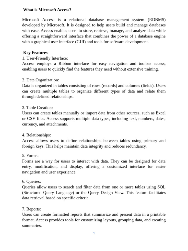 Overview of Microsoft Access Features | PDF | Microsoft Access | Databases