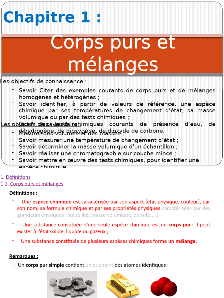 Corps purs et mélanges : définitions et tests | PDF | Chimie | Kilogramme