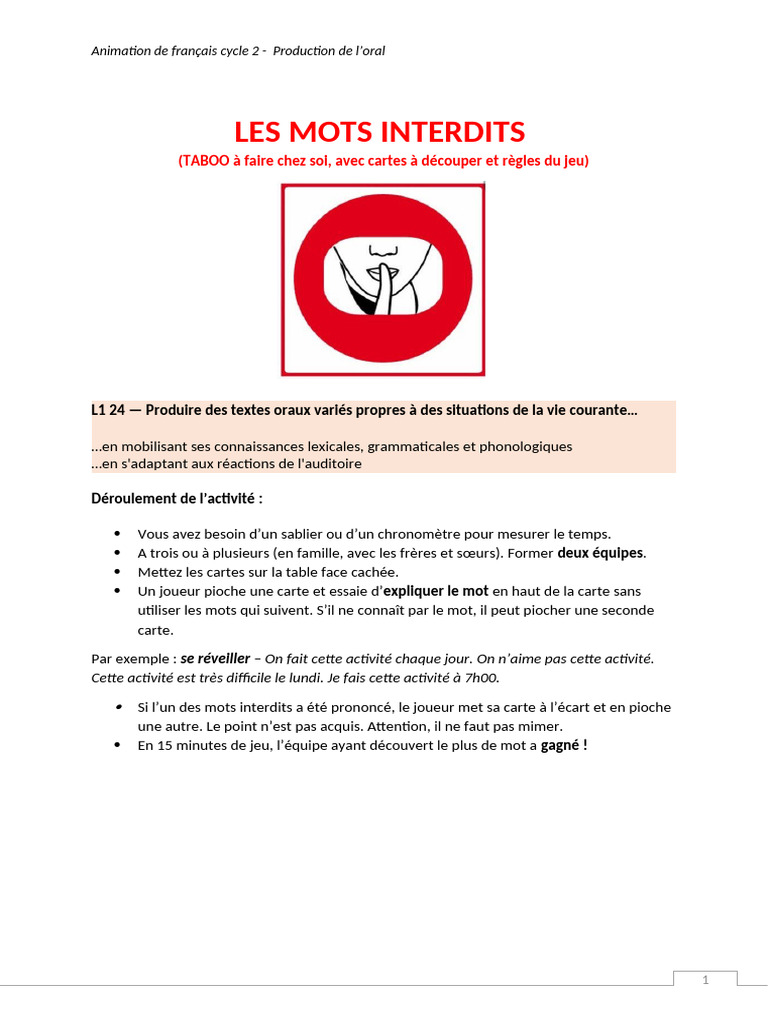 Jeu des mots interdits en français | PDF