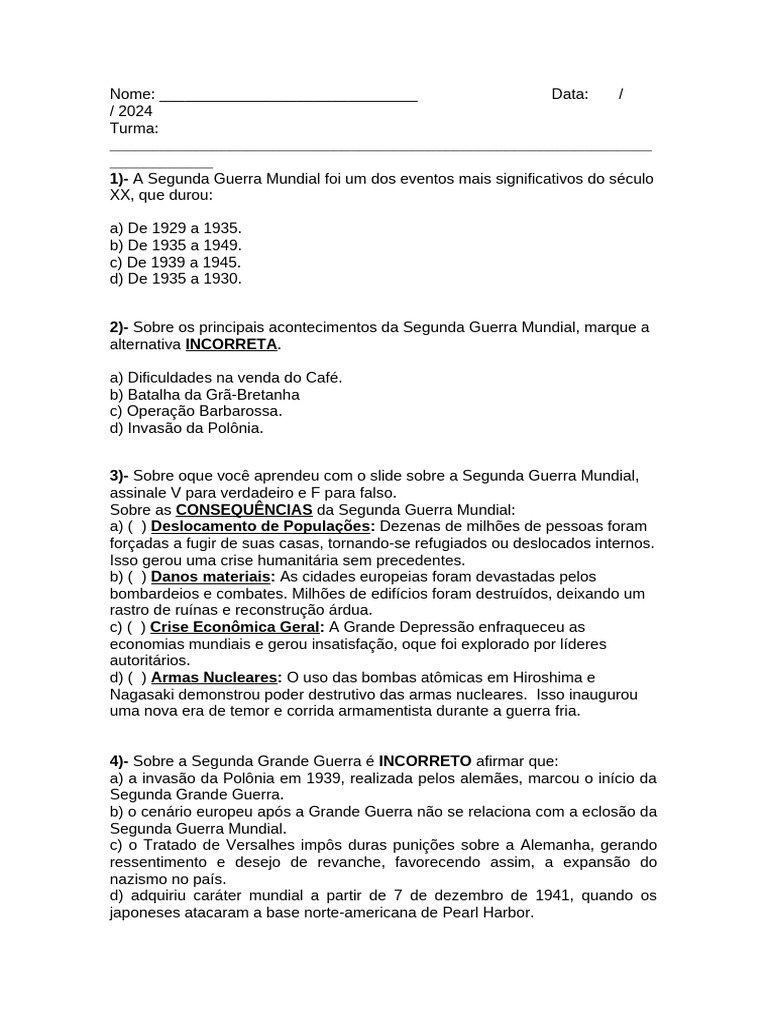 Perguntas Do Trabalho Da Segunda Guerra Mundial | PDF