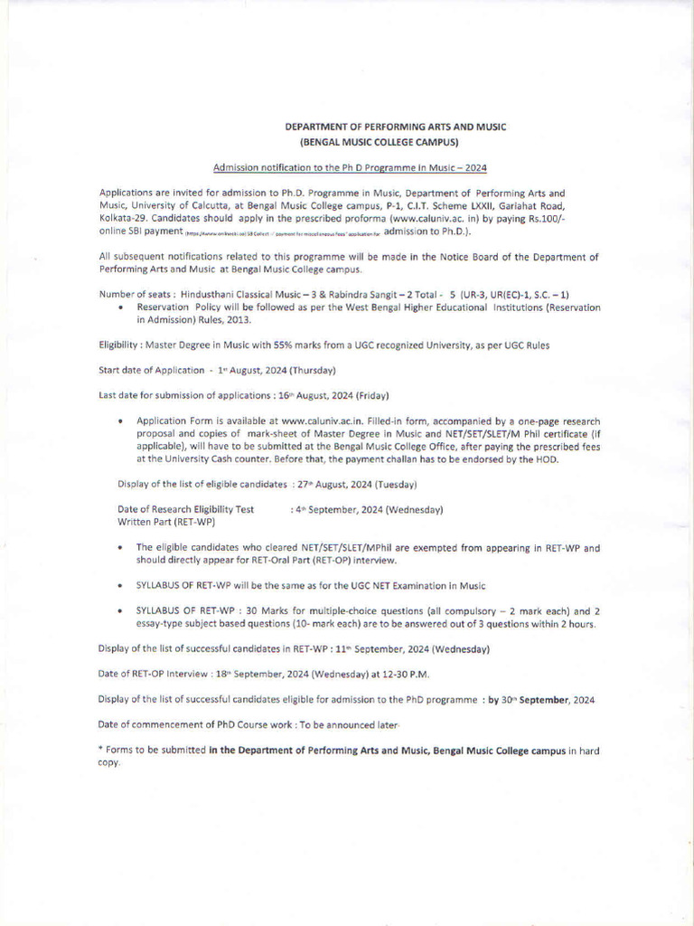 Revised Notice PHD Music 2024 | PDF