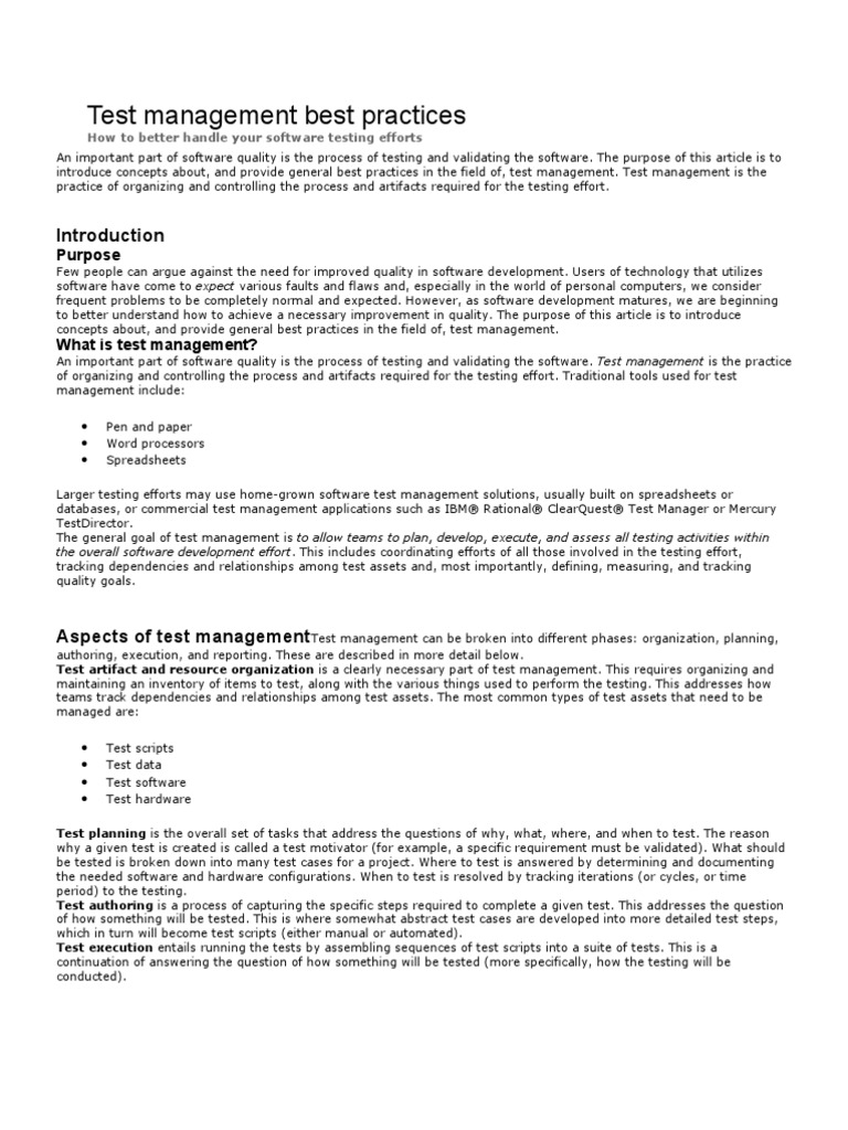 Test Management Best Practices: Purpose | PDF | Software Testing ...