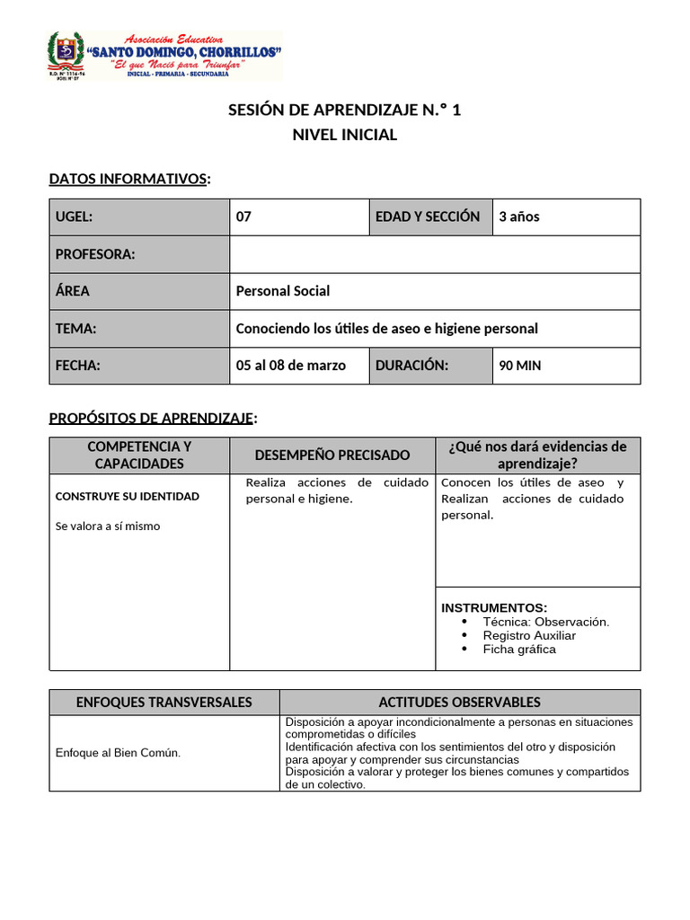 1 - Personal Social - Sesión de Aprendizaje.. | PDF | Aprendizaje | Higiene