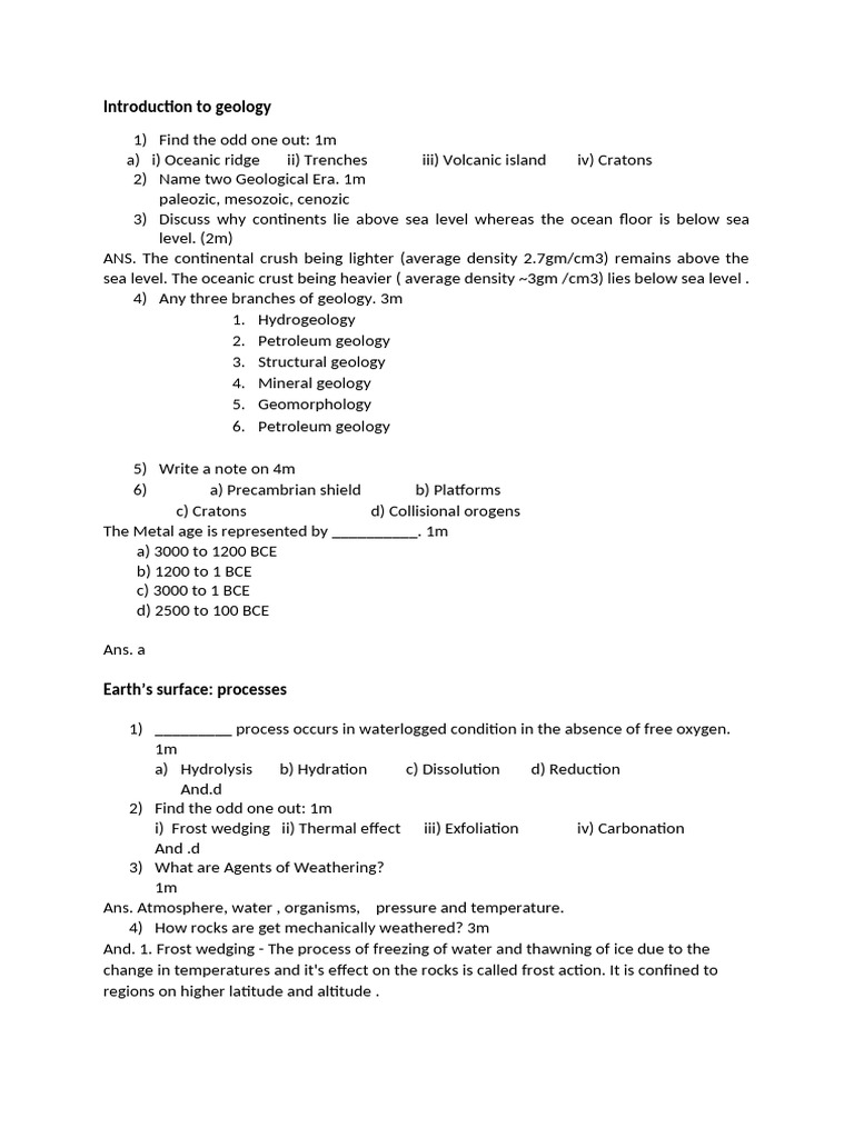 Geology Important Questions | PDF | Igneous Rock | Rock (Geology)
