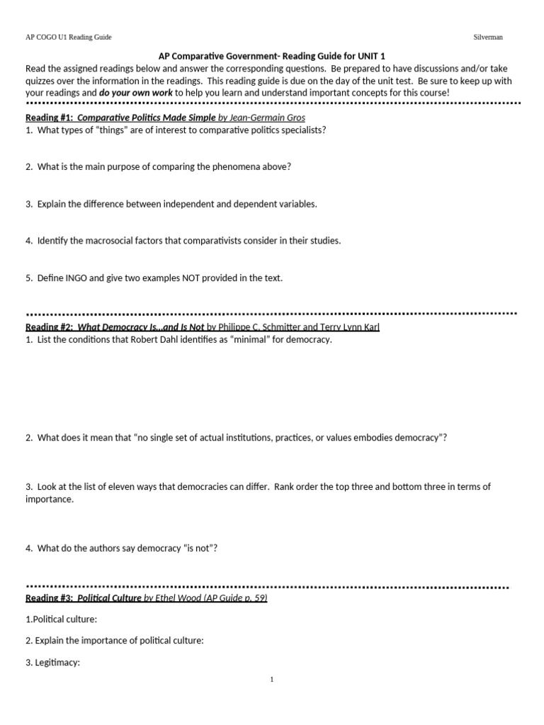 U1 Reading Guide For Unit 1 Spring 2013 | PDF | Democratization ...