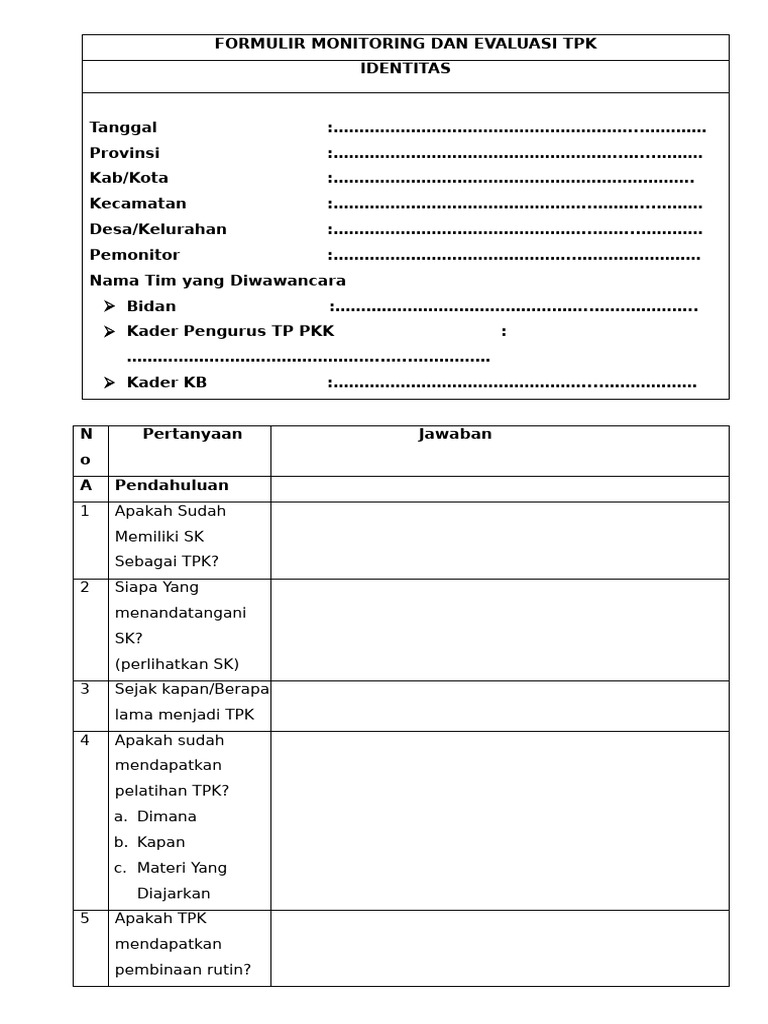 Form Monitoring dan Evaluasi TPK | PDF
