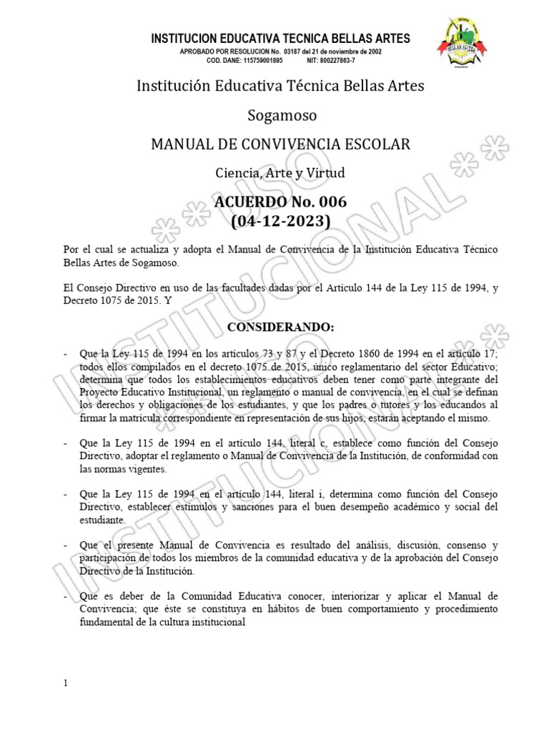 Manual de Convivencia Escolar 2024 | PDF | Plan de estudios | Institución