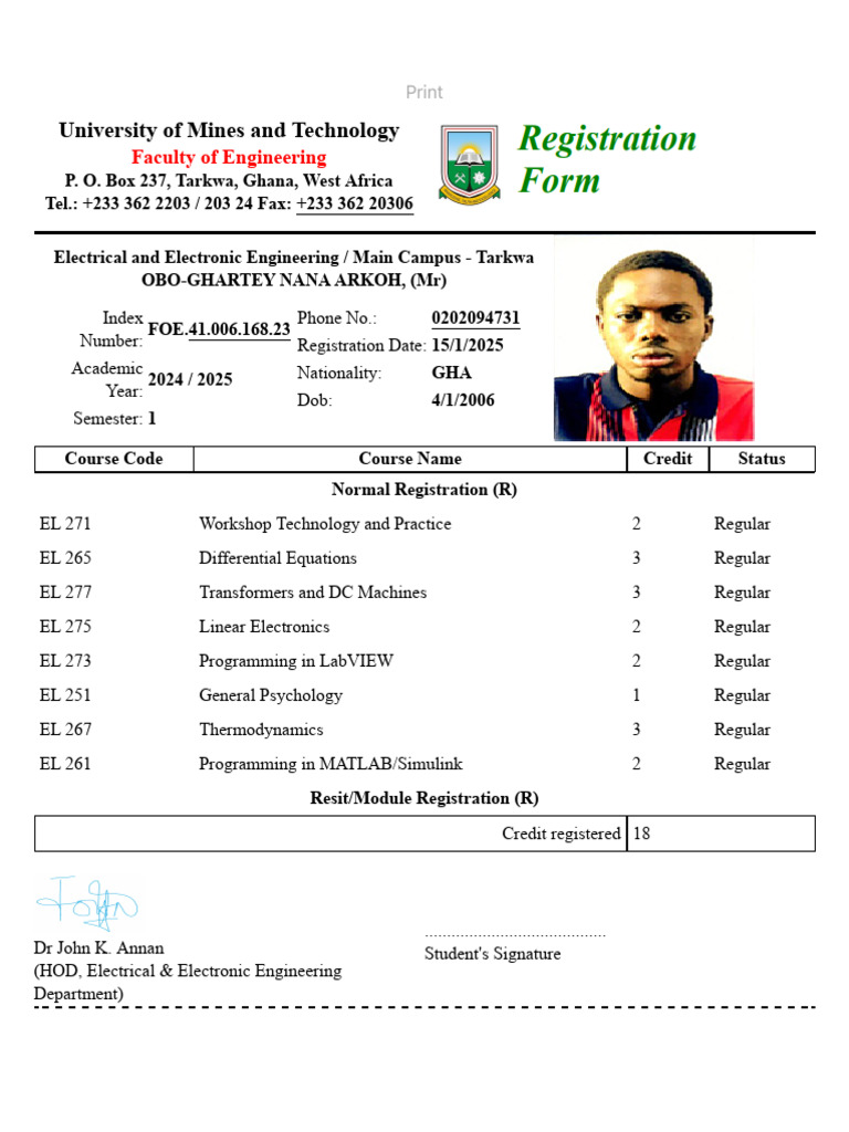 UMaT Electrical Engineering Course Registration | PDF