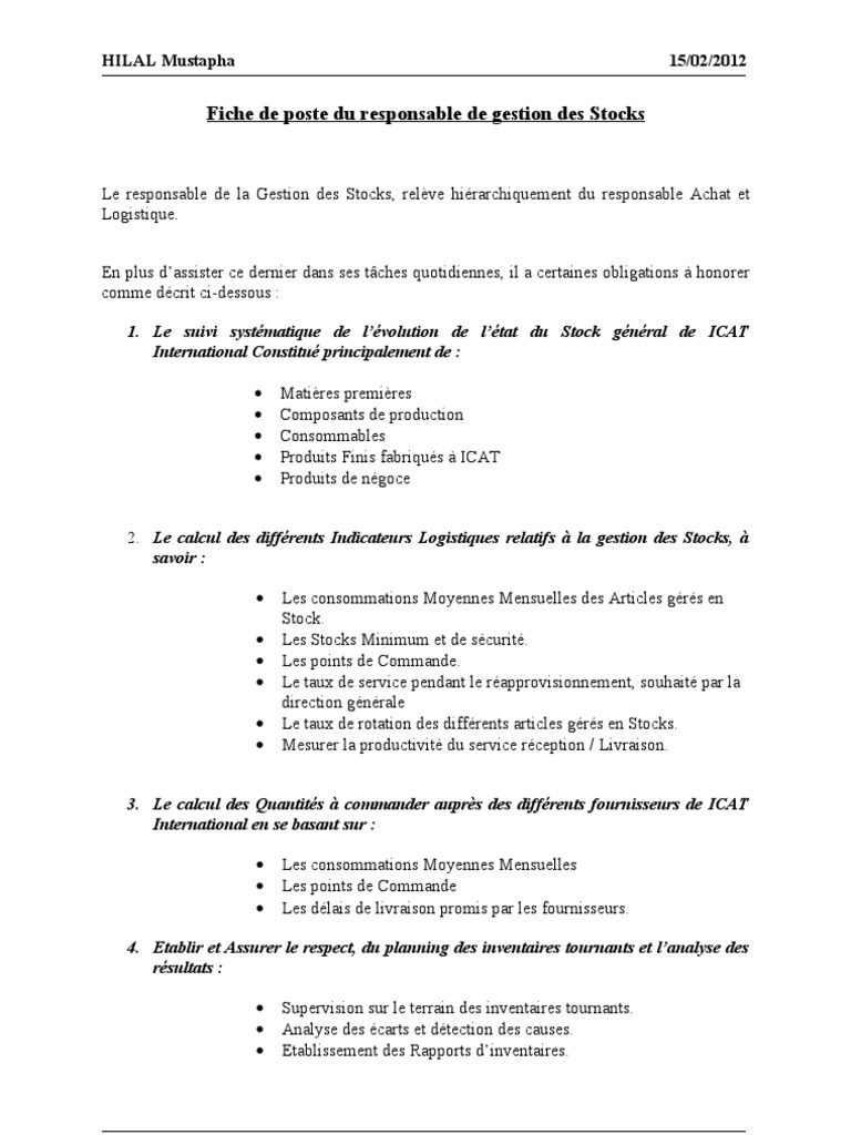 Fiche de Poste Du Gestionnaire de Stock  Inventaire  Économie