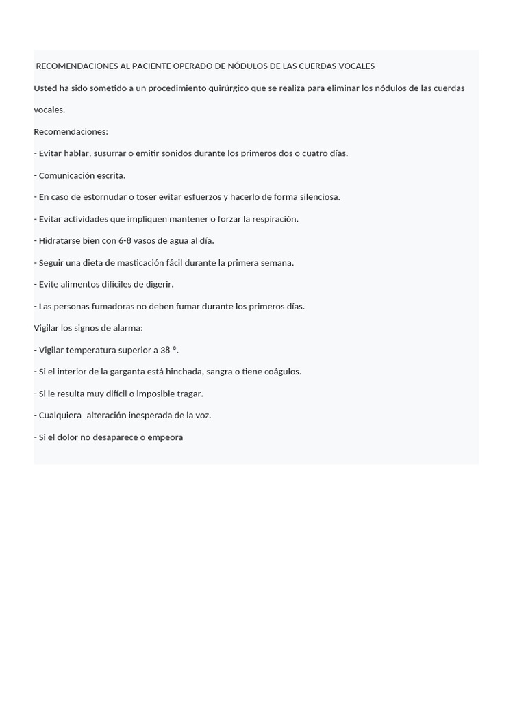 Recomendaciones Al Paciente Operado de Nódulos de Las Cuerdas Vocales | PDF