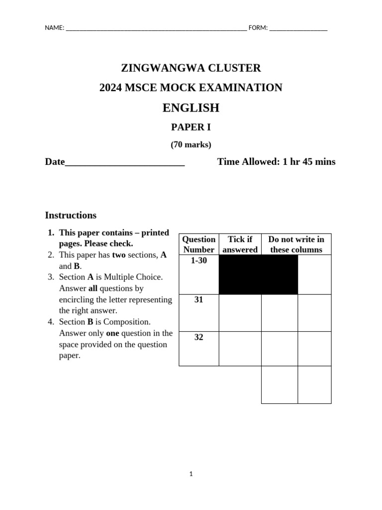 2024 MSCE English Mock Exam Paper | PDF | Adverb | Adjective