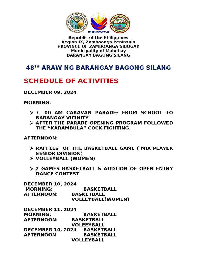Araw ng Barangay Bagong Silang 2024 Schedule | PDF
