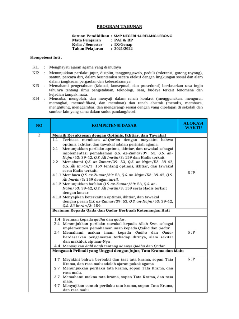 Program Tahunan PAI SMP Negeri 14 | PDF