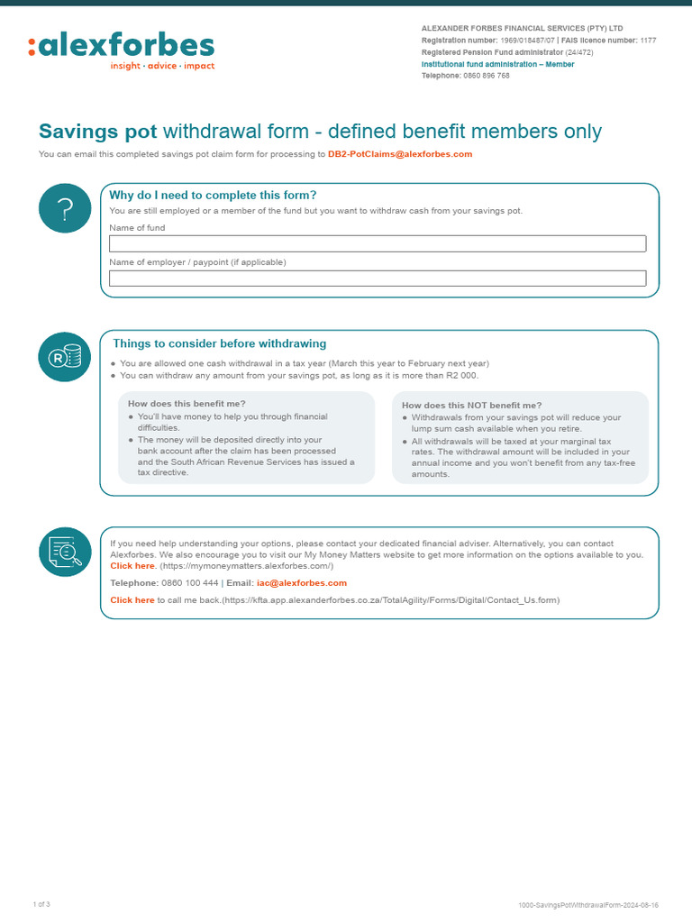 DB Savings Pot Withdrawal Form | PDF | Taxes | Defined Benefit Pension Plan