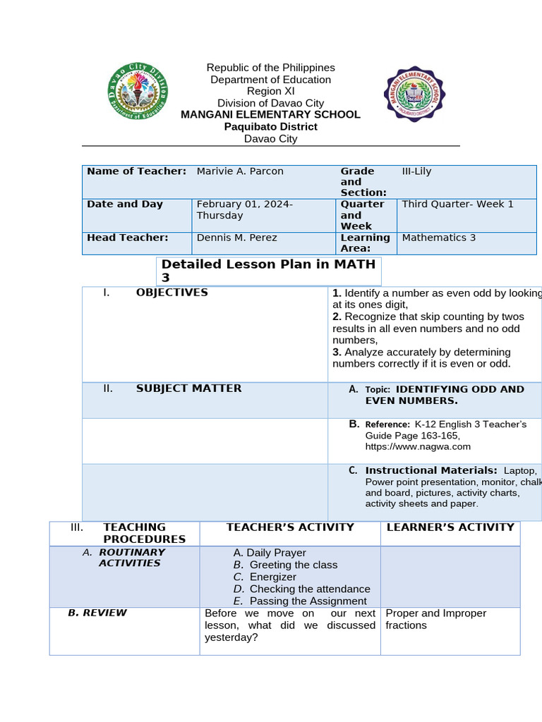Copy of q3. Math3 Odd and Even Numbers | PDF | Lesson Plan | Behavior ...