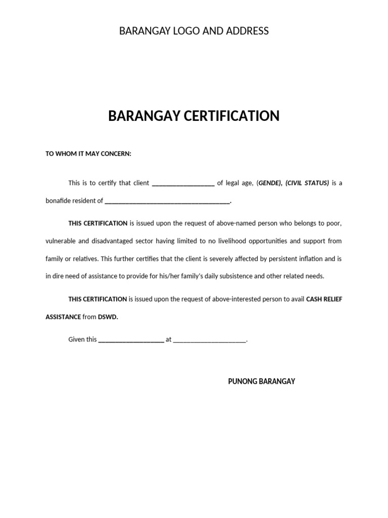 Barangay Indigency Certificate Sample | PDF