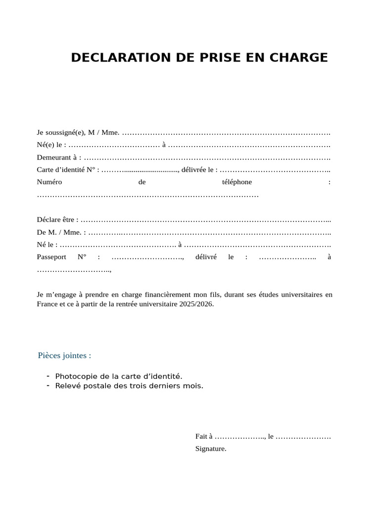 Attestation de Prise en Charge 2025-2026 | PDF