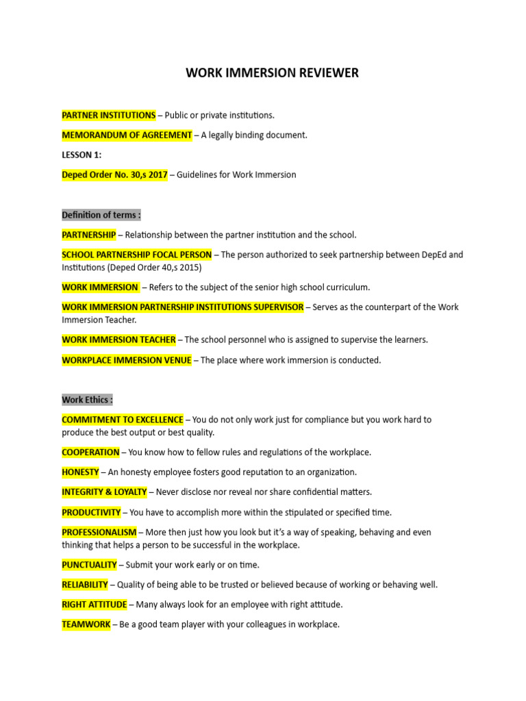 Work Immersion Reviewer | PDF | Employment | Occupational Safety And Health
