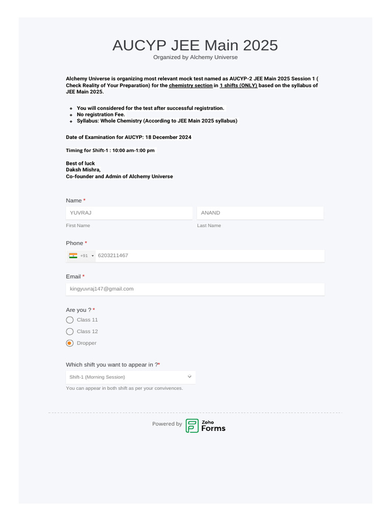 Registration Form - CYP JEE Main 2025 | PDF