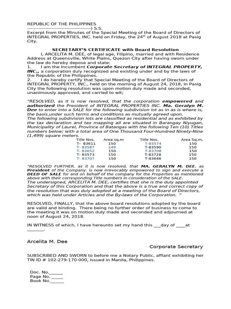 10 TCT Sec Board Reso W Out Notary | PDF | Justice | Crime & Violence