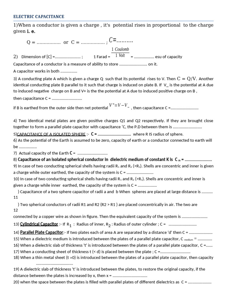 ELECTRIC CAPACITANCE Test | PDF | Capacitance | Capacitor