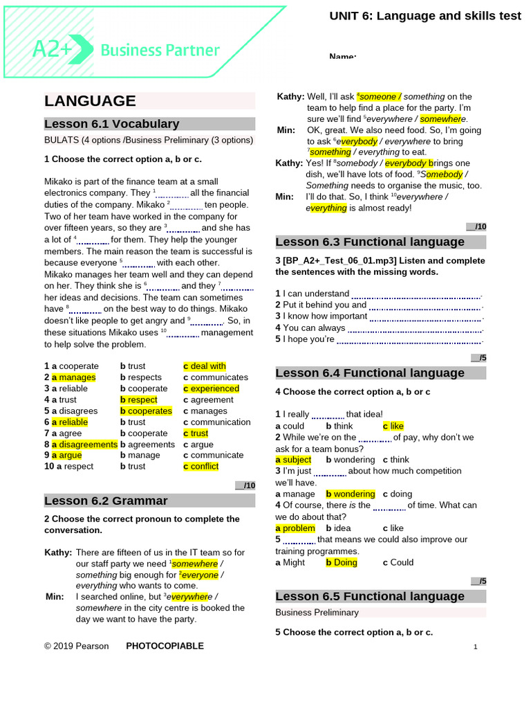 BP A2P Tests Unit6 (No-Listening) | PDF | Human Communication | Linguistics