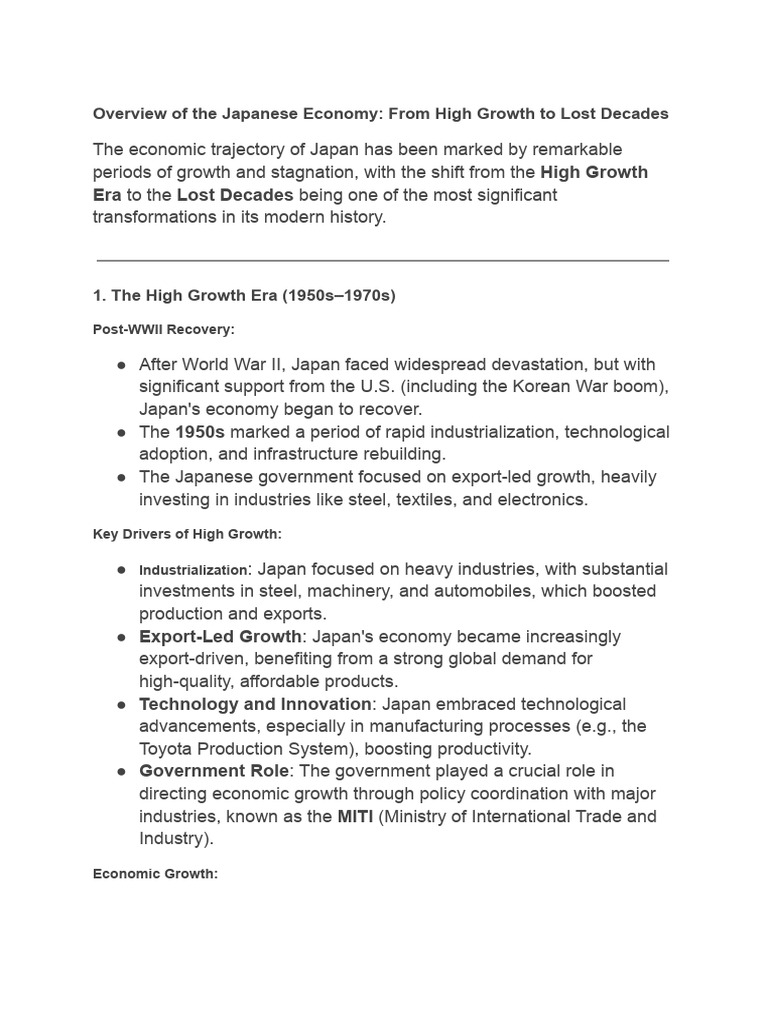 Overview of the japanese economy from high growth to lost decades