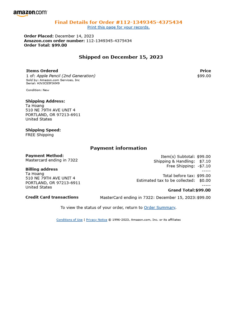 Amazon Order Summary for Apple Pencil | PDF
