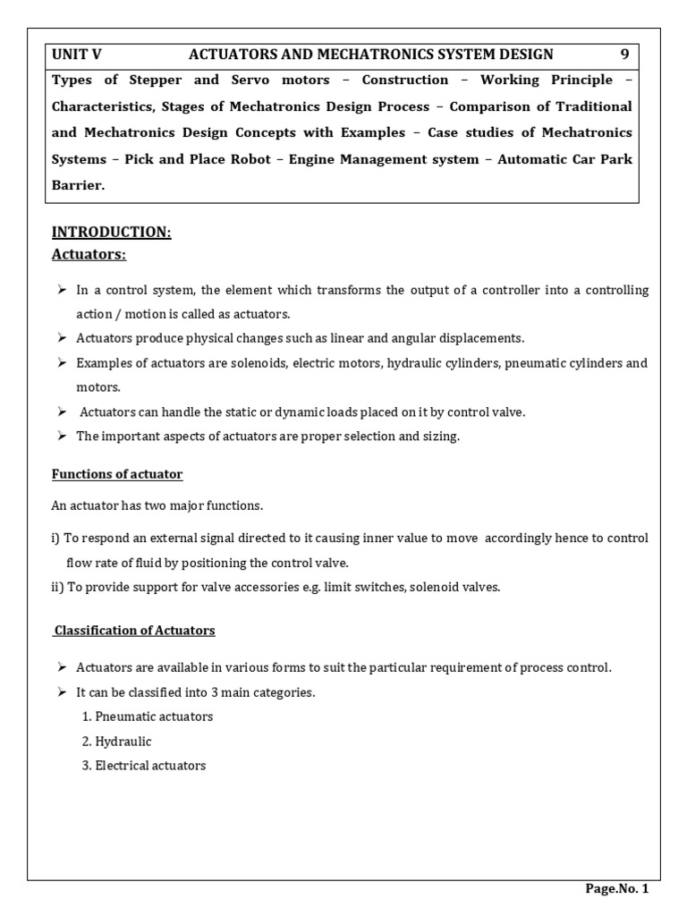 MECHAT - UNIT - 5 Final | PDF | Electric Motor | Actuator